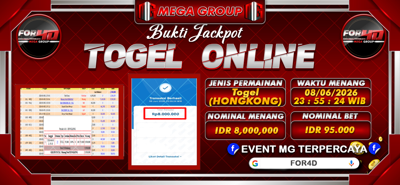 Bukti JP situs For4D hari Senin, 08 Juni 2026